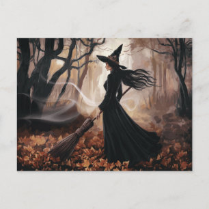 Modern Trendy Halloween Witch in Forest Postcard