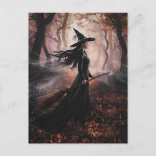 Modern Trendy Halloween Witch in Forest Postcard