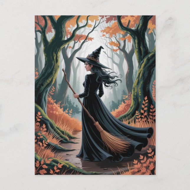 Modern Trendy Halloween Witch in Forest            Postcard (Front)