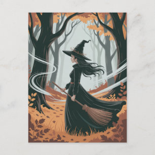 Modern Trendy Halloween Witch in Forest Postcard