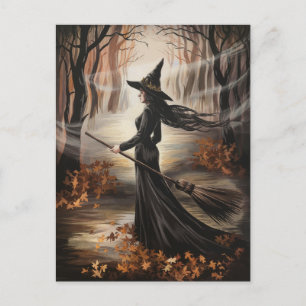 Modern Trendy Halloween Witch in Forest Postcard