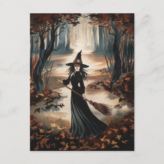 Modern Trendy Halloween Witch in Forest            Postcard (Front)