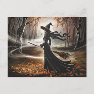 Modern Trendy Halloween Witch in Forest Postcard