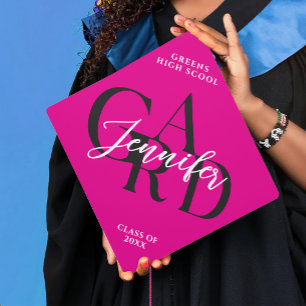 Modern Trendy Hot Pink Grad Student Degree Script Graduation Cap Topper