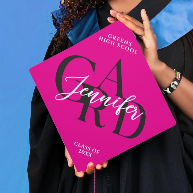 Modern Trendy Hot Pink Grad Student Degree Script  Graduation Cap Topper (Creator Uploaded)
