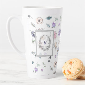 Modern Trendy Kute Flower Watercolor Monogram Latte Mug