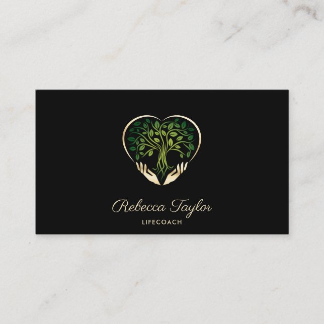 modern trendy life coach tree of life hands heart  business card (Front)