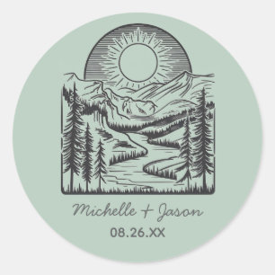 Modern Trendy Line Art Mountains Wedding           Classic Round Sticker