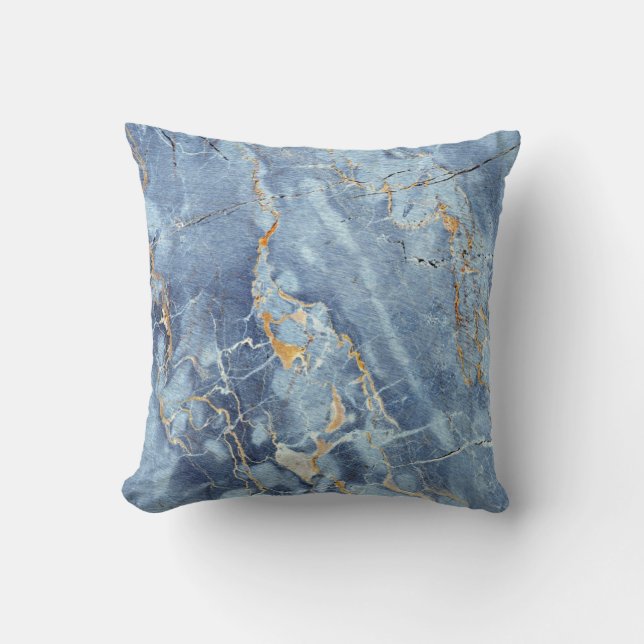 Modern Trendy Marble Pattern in Blue Gold Grey Throw Pillow (Front)