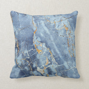 Modern Trendy Marble Pattern in Blue Gold Grey Throw Pillow