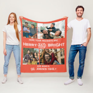 Modern trendy Merry and Bright Family Photo Fleece Blanket