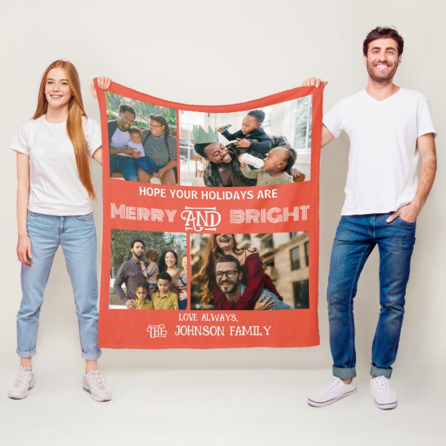 Modern trendy Merry and Bright Family Photo Fleece Blanket (In Situ)