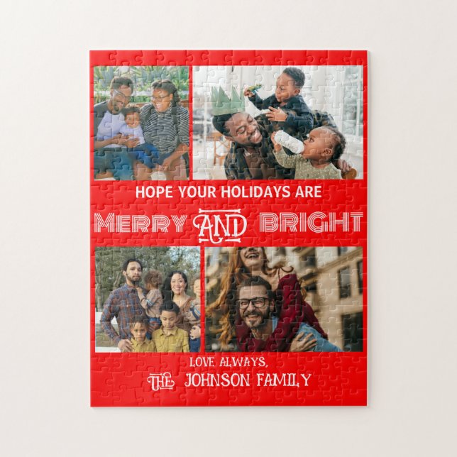Modern trendy Merry and Bright Family Photo Jigsaw Puzzle (Vertical)