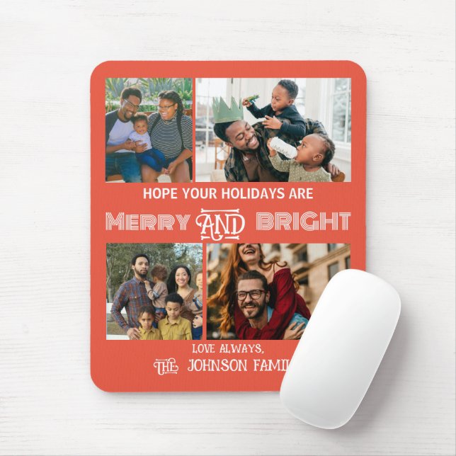 Modern trendy Merry and Bright Family Photo Mouse Pad (With Mouse)