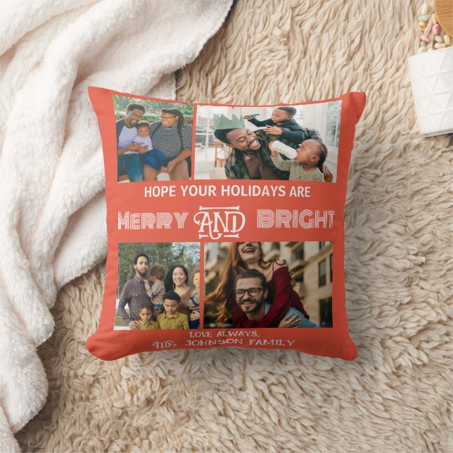 Modern trendy Merry and Bright Family Photo Throw Pillow (Blanket)