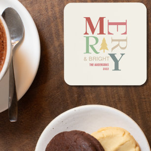 Modern Trendy Merry And Bright Minimalist Colorful Coaster