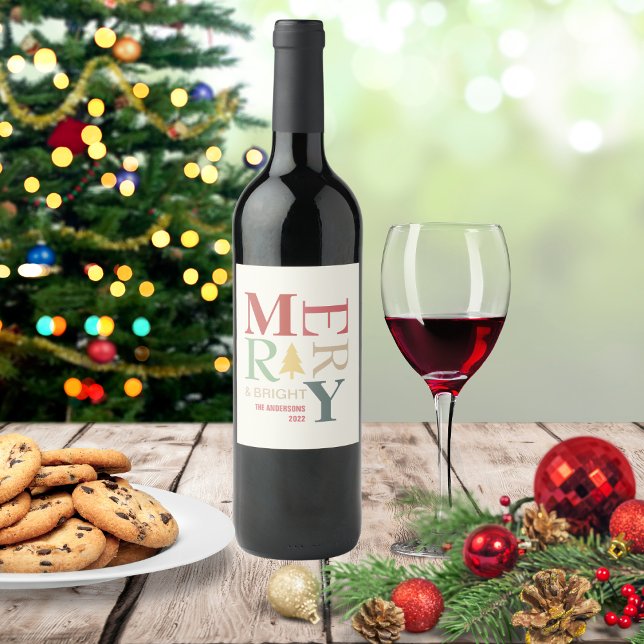 Modern Trendy Merry And Bright Minimalist Colourfu Wine Label (Creator Uploaded)