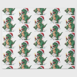 Modern Trendy Merry Christmas Dinosaur Santa Hat Wrapping Paper