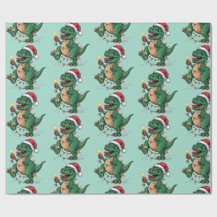 Modern Trendy Merry Christmas Dinosaur Santa Hat Wrapping Paper