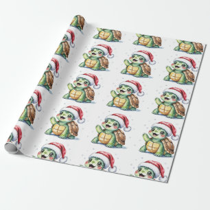 Modern Trendy Merry Christmas Turtle in Santa Hat Wrapping Paper