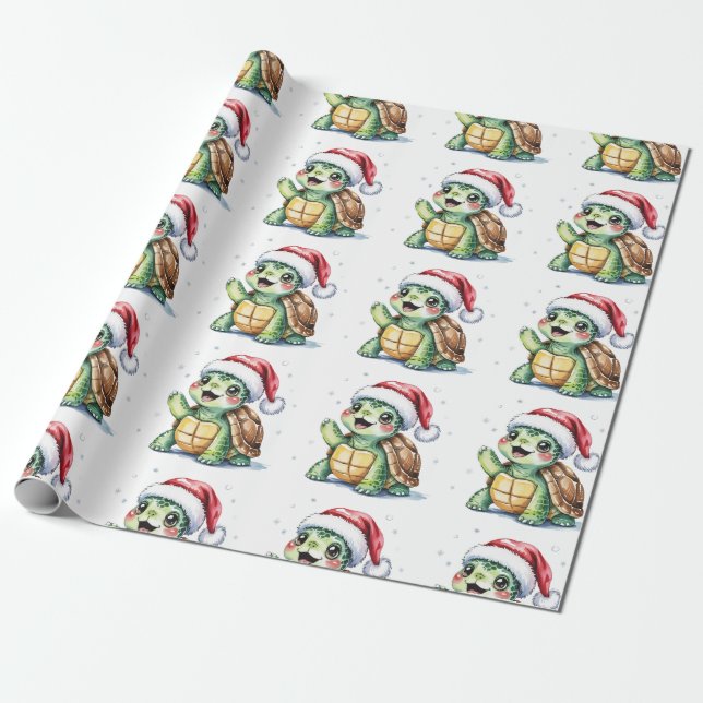 Modern Trendy Merry Christmas Turtle in Santa Hat  Wrapping Paper (Unrolled)