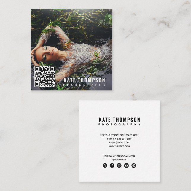 Modern Trendy Minimal Photo QR Code Social Media Square Business Card (Front/Back)