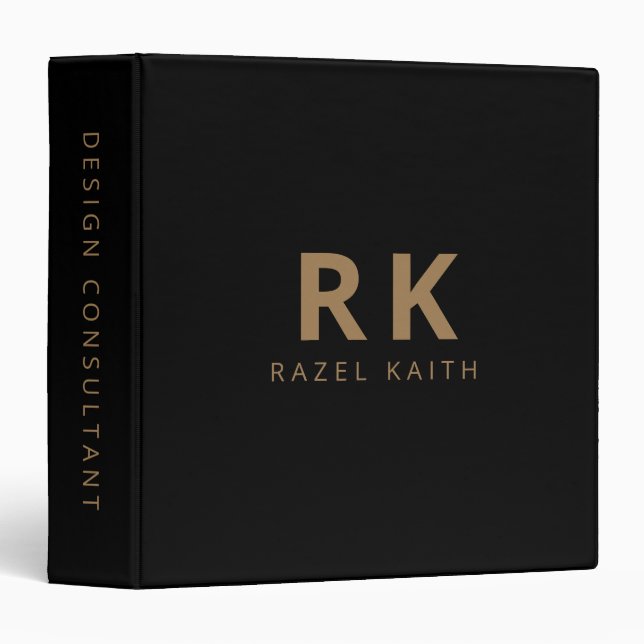 Modern Trendy Minimalist Black Gold Two Monogram Binder (Front/Spine)