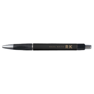Modern Trendy Minimalist Black Gold Two Monogram Pen