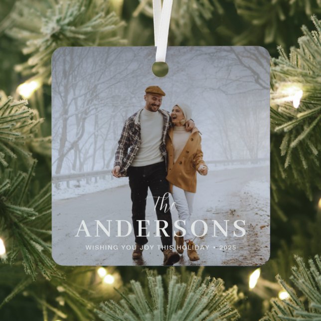 Modern Trendy Minimalist, Christmas Family Photo Metal Ornament (Insitu)