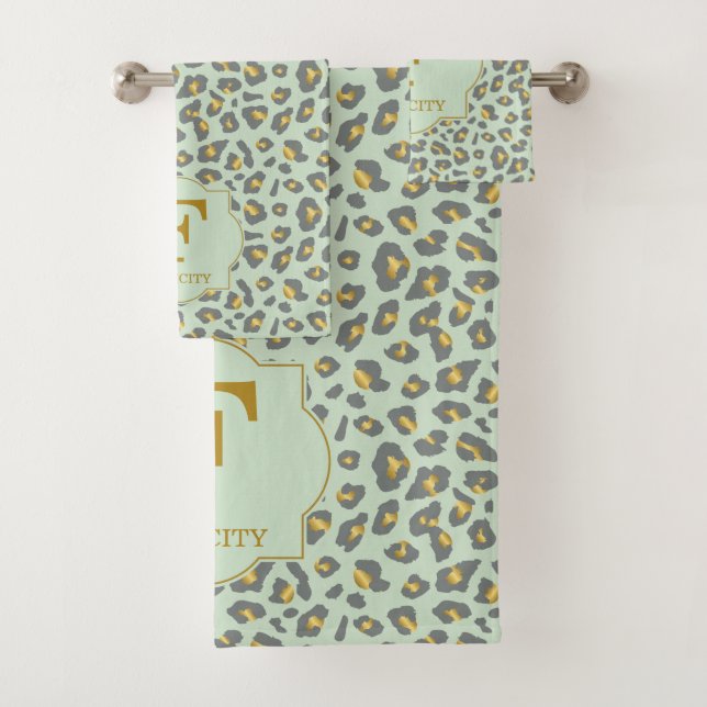 Modern Trendy Mint Gold Leopard Pattern Monogram Bath Towel Set (Insitu)