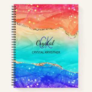 Modern Trendy Monogram Rainbow Agate Glitter  Notebook