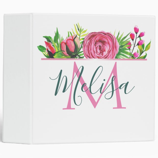 Modern Trendy Monogram Watercolor Floral Binder (Front/Spine)