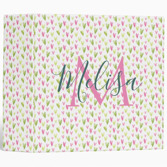 Modern Trendy Monogram Watercolor Hearts Binder (Front/Spine)