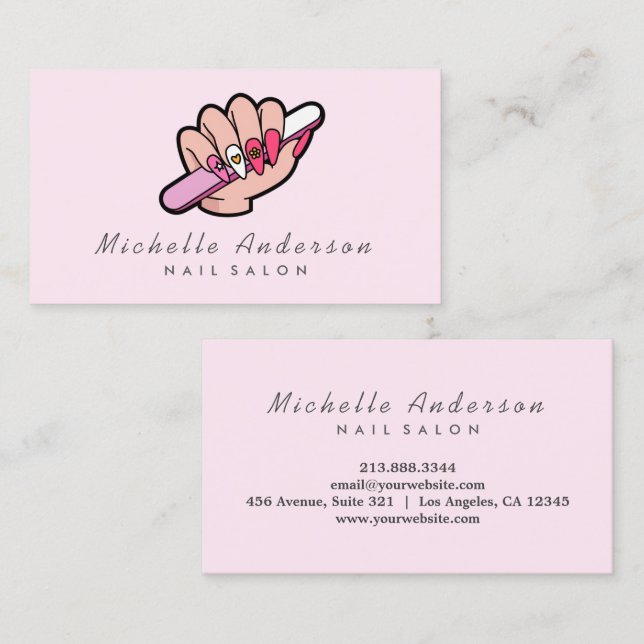 Modern Trendy Nails Salon Nail Technician Pink Business Card (Front/Back)