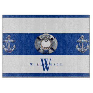 Modern Trendy Nautical Blue and White Cutting Board