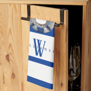 Modern Trendy Nautical Blue and White Monogrammed Kitchen Towel