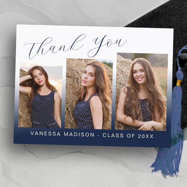 Modern Trendy Navy Blue 3 Photo Grad Thank You Postcard (Creator Uploaded)