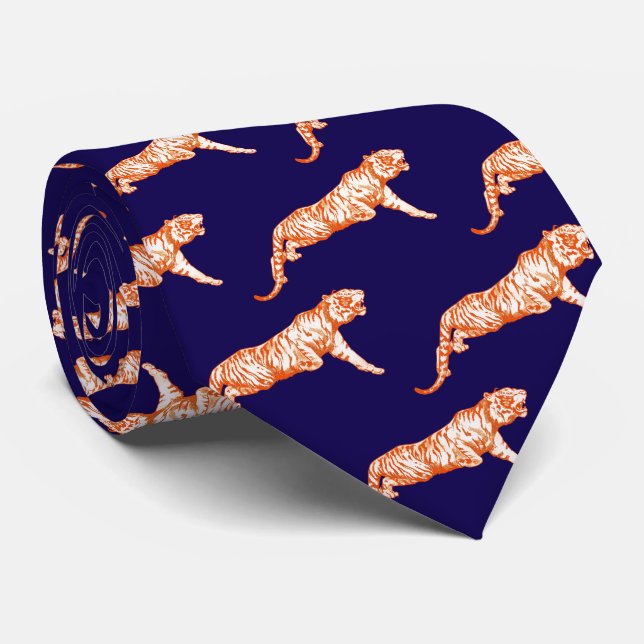 Modern Trendy Orange Tiger on Dark Blue Tie (Rolled)