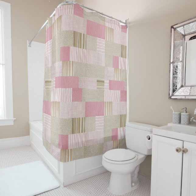 Modern Trendy Patchwork Quilt Pink Beige Stripes (In Situ)