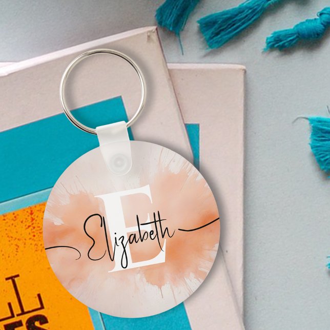Modern Trendy Peach Fuzz Watercolor Chic Monogram Keychain (Creator Uploaded)