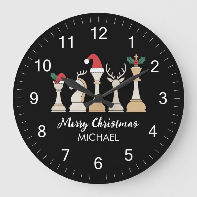 Modern Trendy Personalized Chess Pieces Christmas  Large Clock (Front)