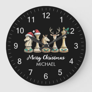 Modern Trendy Personalized Chess Pieces Christmas Large Clock
