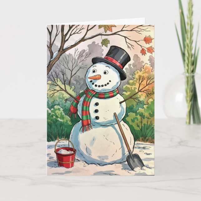 Modern Trendy Personalized Merry Christmas Snowman Holiday Card (Front)
