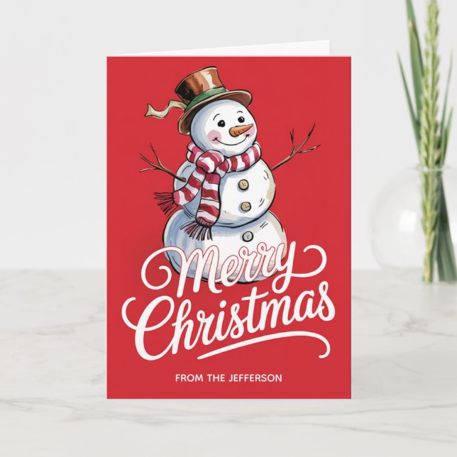 Modern Trendy Personalized Merry Christmas Snowman Holiday Card (Front)