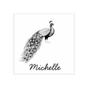 Modern Trendy Personalized Name Peacock Rubber Stamp