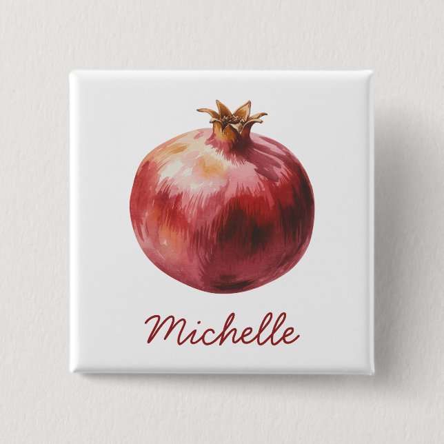 Modern Trendy Personalized Watercolor Pomegranate 2 Inch Square Button (Front)