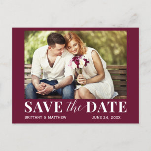 Modern Trendy Photo Burgundy Save The Date Postcard