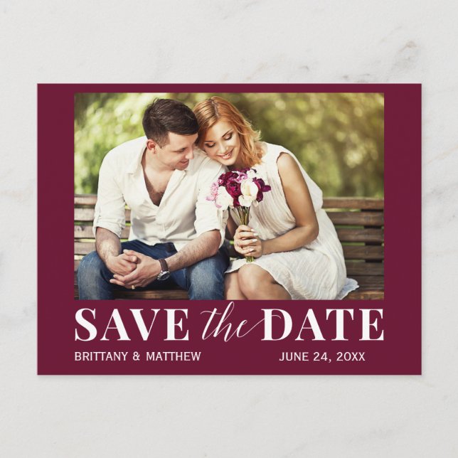 Modern Trendy Photo Burgundy Save The Date Postcard (Front)