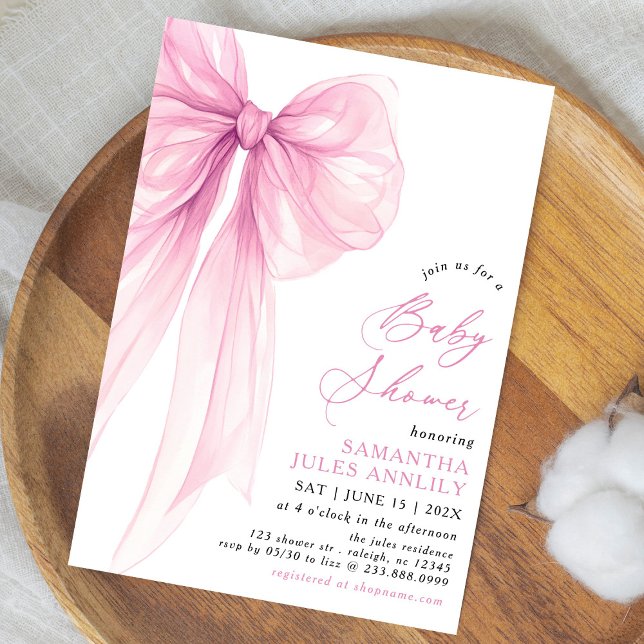 Modern Trendy Pink Bow Baby Shower Invitation (Creator Uploaded)