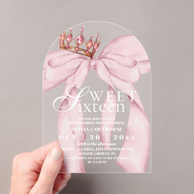 Modern Trendy Pink Bow Sweet 16 Birthday  Acrylic Invitations (Insitu (Handheld))